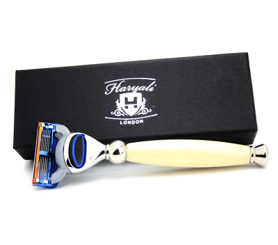 Men's 5 Edge Blade Shaving Razor Luxury Ivory Brass Handle in Branded Gift Box