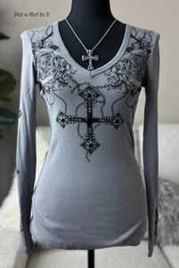 USA New VOCAL Womens CRYSTAL EMBELLISHED GRAY BLACK CROSS FLORAL SHIRT S M L XL - Picture 1 of 3