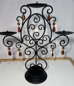 Vintage Candelabra Ornate Black Metal & Acrylic Amber Jeweled Estate Elegant - Picture 1 of 16