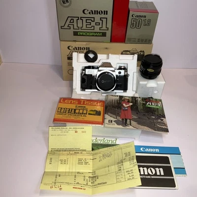 Canon AE-1 Program 35mm Film Camera w/ 50mm f/1.8 Lens + Original Box – Works - Image 1 of 4