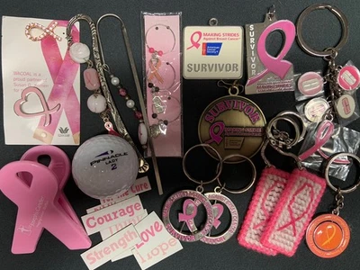 Lot of 16 Breast Cancer Pins Keychains Bookmarks Wine Charms Golf Ball Clinique - Image 1 of 4