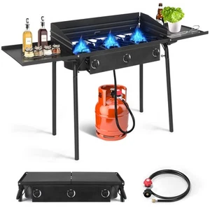 Propane 225,000-BTU 3 Burner Gas Cooker Outdoor Camping Stove BBQ Grill w/ Shelf - Picture 1 of 10