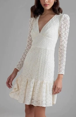 Vestido Babydoll Shoshanna Blanco Encaje Manga Larga Cuello en V Volantes Dobladillo Talla 8 Foto 1 de 4