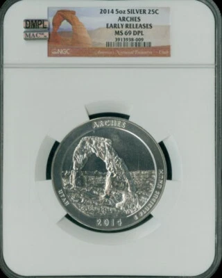 2015  5oz SILVER ARCHES PARK NGC MS69 DPL MAC SPOTLESS  . - Image 1 of 2