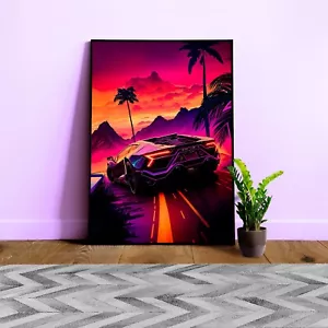 Synthwave Ästhetischer Sportwagen mit Handflächen [Synthwave/Vaporwave/Cyberpunk] - Poster - Bild 1 von 11