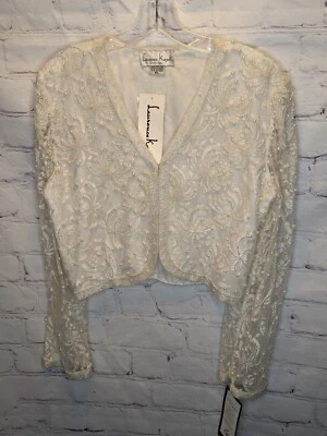 Chaqueta Blazer Lawrence Kazar Para Mujer Blanca Floral Lentejuelas Cuentas Talla Pequeña Grande Foto 1 de 4