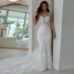 Strapless Mermaid Wedding Dress Appliques Backless Lace Bridal Gowns Sweep Train - Picture 1 of 3