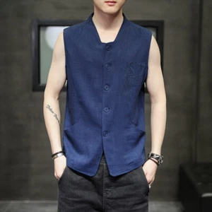 Men Embroidery Vest Sleeveless Jacket T-shirt Coat Cotton Linen Chinese Top - Picture 1 of 12