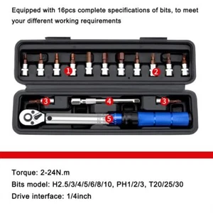 16PCS Torque Wrench Set 2-24N.m Torque Adjustable 1/4inch Ratchet Wrench Tools - Picture 1 of 8