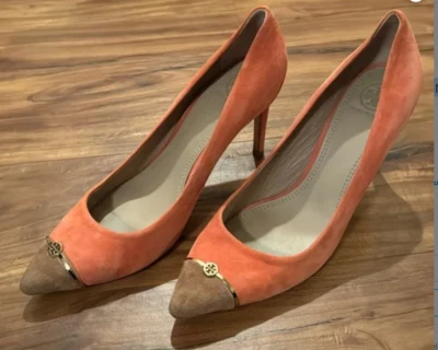 Tory Burch suede two toned heels- coral and light brown. Size 9.5 - Image 1 of 4