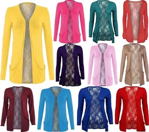 Womens Long Sleeve Plain Open Front Pocket Cardigan Ladies Floral Back Lace Top - Picture 1 of 13