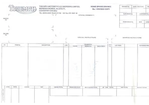!GENUINE TRIUMPH MOTORCYCLES MERIDEN HOME SPARES(UN-WROTE)INVOICE T140/TR65/TR7T - Picture 1 of 3