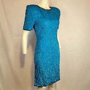 Vintage Laurence Kazar Small Pailletten Kleid Türkis Seide Perlen 80er Knielang - Bild 1 von 24