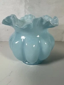 Fenton blau Überfang Glas gerippt gekräuselt Melone Rose Schüssel Vase 5" - Bild 1 von 8