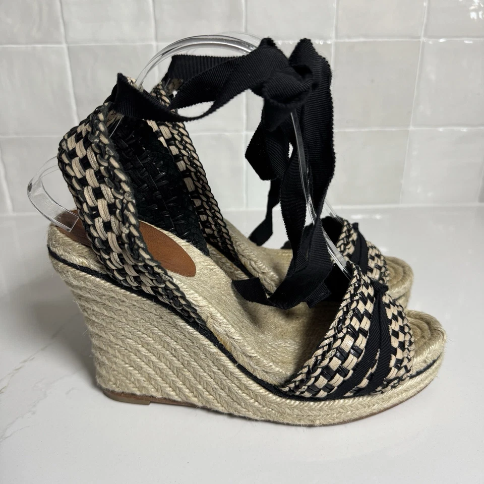 Kate Spade Espadrille Wedges Heel Sandal Women's 9 Black Tan Woven Ankle Ribbon - Image 1 of 4