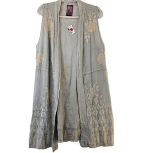 Johnny Was Letty Nave Solid Linen Vest Women's Medium Embroidered Boho Kimono - Picture 1 of 10