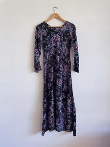 vintage purple Glitter dark floral 80s 90s dress Long Sleeve MIDI Long Sparkly - Picture 1 of 7