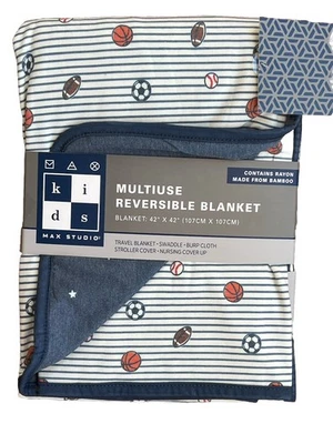 Max Studio Bebé Manta de Viaje Rayas Fútbol Fútbol Balones Reversible Azul Nuevo Foto 1 de 4