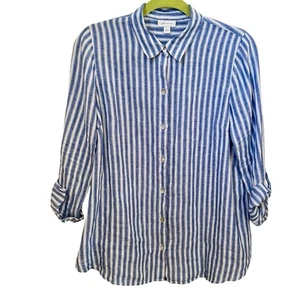 J.Jill Love Leinen 100% Linie blau weiß gestreift Langarm Rollriegel Hemd Gr. S - Bild 1 von 8