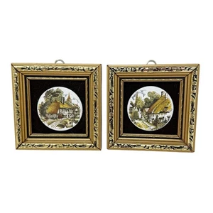Vintage P.G. Juego de 2 placas Collins pintadas a mano esmaltadas enmarcadas London Country - Imagen 1 de 6