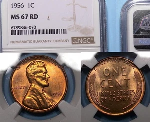 1956-P LINCOLN WHEAT CENT NGC MS 67 RD NATIONAL AUCTION COMP $432 #102-58 - Picture 1 of 1