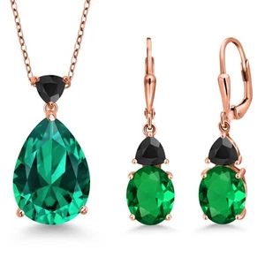 18K Rose Gold Plated Silver Nano Emerald and Onyx Pendant Earrings Jewelry Set - Picture 1 of 3