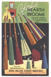 Colorful HEARTH BROOMS Berea College Industries 1938 LINEN Ad Postcard BEREA KY - Picture 1 of 2