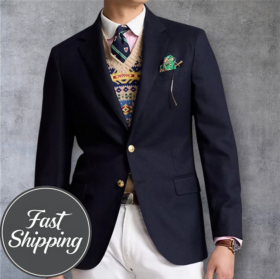 LAUREN RALPH LAUREN 男式海军外套 42S 羊毛混纺运动外套双纽扣夹克 — 第 1/4 张图片