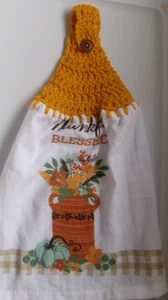 GOLD Yarn Crochet Top AUTUMN Floral -Thankful BLESSED Cotton Kitchen Towel - Picture 1 of 2
