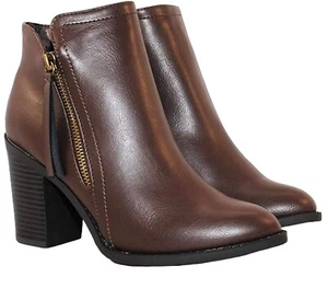 Stivaletti stivaletti donna Buffy-20 tacco impilato cerniera laterale pelle PU marrone - Foto 1 di 6