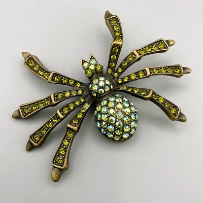 Large Spider Brooch Bronze Finish Green & AB Crystal Rhinestone ,Arachnid Insect - Image 1 of 4