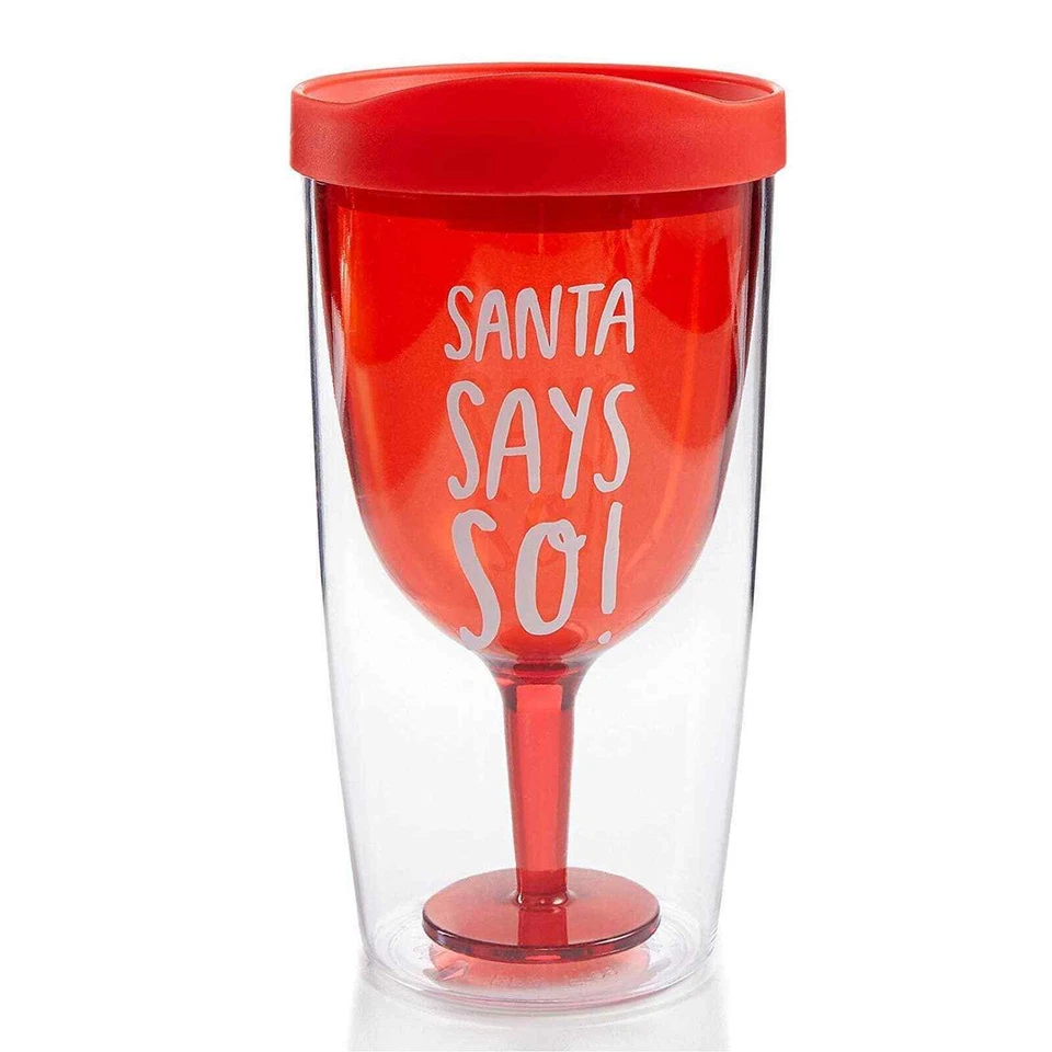 Vaso de vino Celebrate Shop Santa Says So Travel con tapa roja Foto 1 de 1
