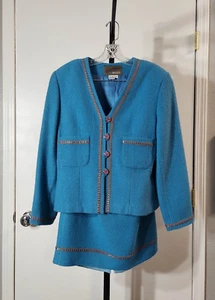 Traje para mujer Rickie Freeman para TJ Suits falda de lana azul y blazer, talla 10 - Imagen 1 de 22