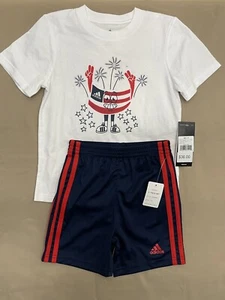 New Boys 4T Adidas 2 piece Outfits Set T-shirt & Short American Flag White Blue - Picture 1 of 9