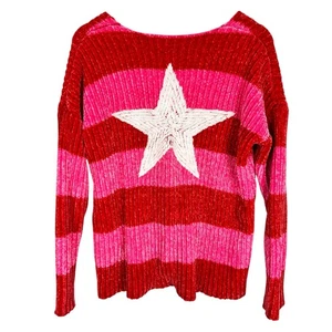 NWT Wildfox Heavy Chenille Red Pink Striped Oversized V-neck Knit Sweater Size S - Picture 1 of 13