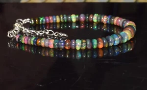 Solid 925 Sterling Silver Natural Ethiopian Black Opal Beads 7"Bracelet F1991 - Picture 1 of 5