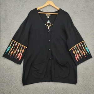 Bob Mockie Cardigan Women 1X Black Sweater Embroidered Dream Catcher Art to Wear - Picture 1 of 13