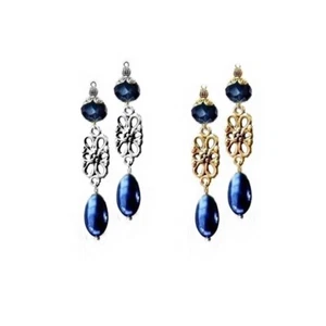 Earrings navy dark blue crystal and flower charm long drop, choose fittings - Picture 1 of 4