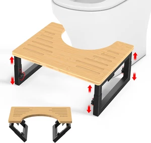 Bamboo Toilet Stool Foldable,5 in or 6 in Adjustable Height Squat Stool Potty fo - Picture 1 of 12