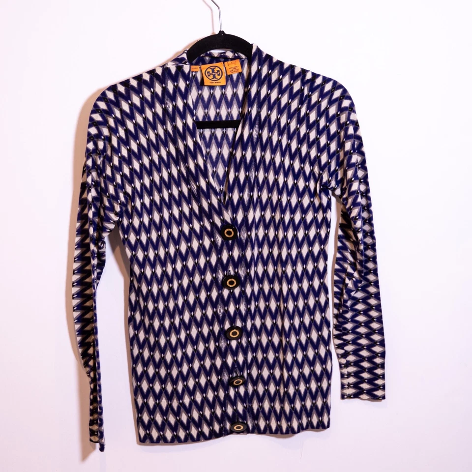 Cárdigan Suéter Tory Burch Tejido de Lana Elastizado Estampado Geométrico Cuello en V S Foto 1 de 4