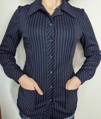 JC Penney Polyester 1970s Button Up Striped Shirt With Pockets Medium Big Collar - Image 1 of 4