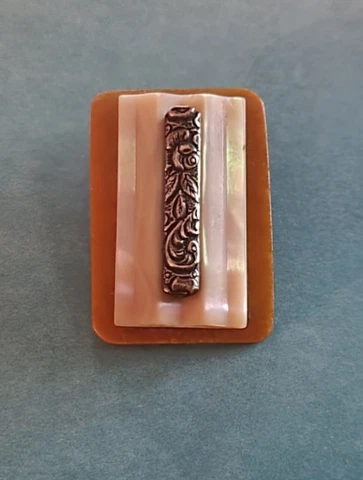 Rare Stunning Tri Level MOP CELLULOID & Metal Button  Large 1 3/8" Cover
