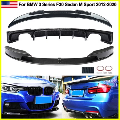 Carbon Look Front+Rear Lip & Trunk Spoiler For BMW F30 335i 340i Sedan M Sport Foto 1 de 4
