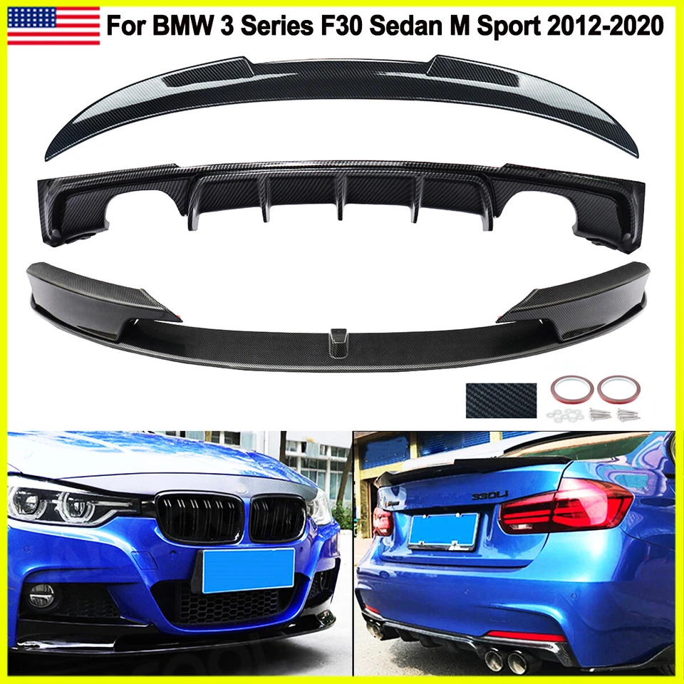 Carbon Look Front+Rear Lip & Trunk Spoiler For BMW F30 335i 340i Sedan M Sport Foto 1 de 4