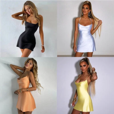 Ribbon Mini Dress Elegant dresses Pure Color Lace Up Strap Hollow Backless Sexy - Image 1 of 4