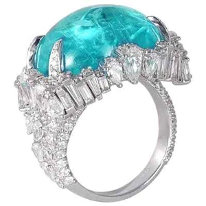 27 TCW Cabochon Blue Paraiba Tourmaline & Simulated Sapphire Stylish Women Ring - Picture 1 of 11
