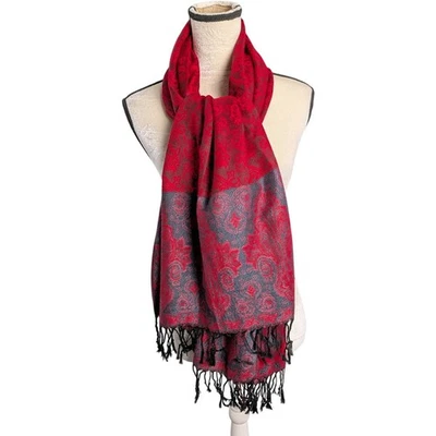 Pashmina Mujer Rojo Gris 100% Cachemira Paisley Bufanda Chal Flecos Suave Elegante Foto 1 de 4