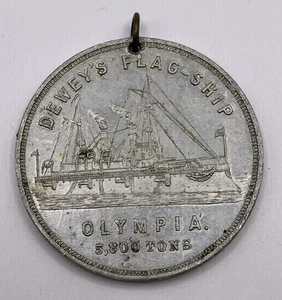 1890er Spanisch Amerikanischer Kriegsadmiral George Dewey Flaggschiff Olympia Aluminium Medaille - Bild 1 von 3