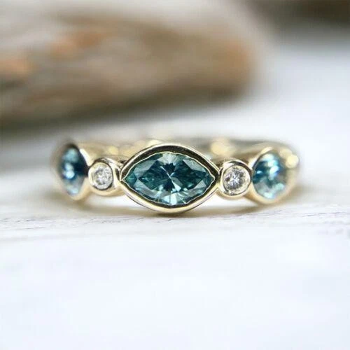 14k Yellow Gold Natural Fancy Blue Marquise Diamond Eternity Band Ring - Image 1 of 4