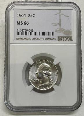 1964 Washington Quarter 25c NGC MS 66 Mint State Uncirculated Coin - Image 1 of 4